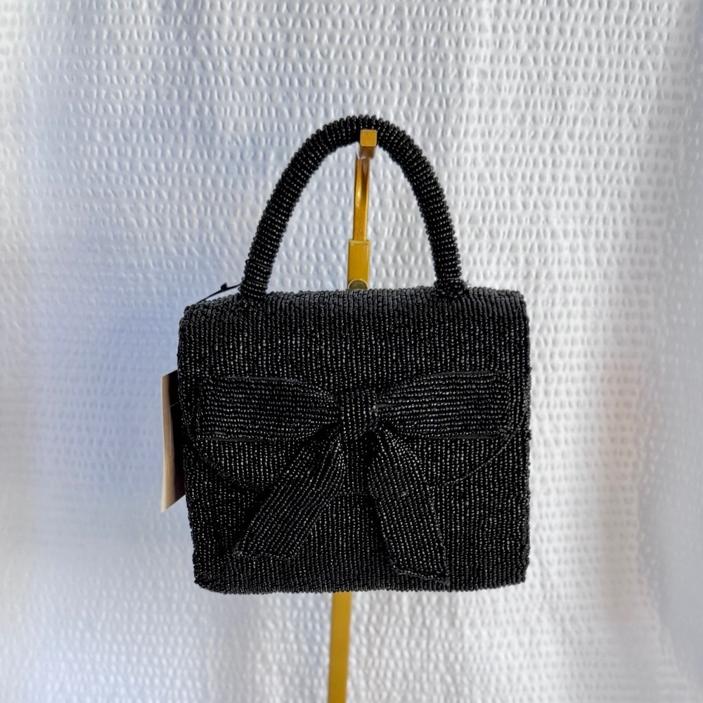 Black Beaded Mini Bow Top Handle Bag | Chain Strap | Evening Clutch | Rachel Zoe - Picture 2 of 9